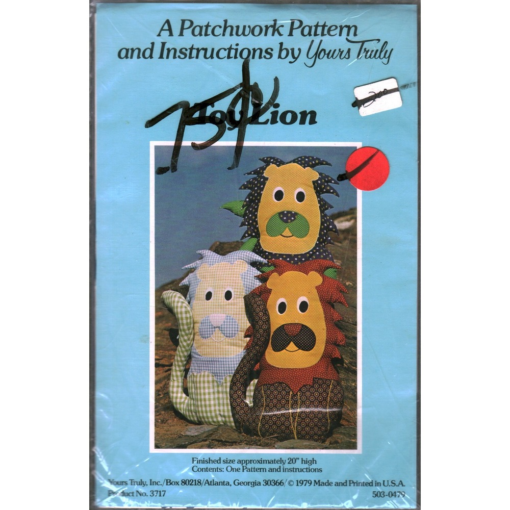 Vintage 1979 Yours Truly Toy Lion‎ Patchwork Stuffed Animal Sewing Pattern 3717